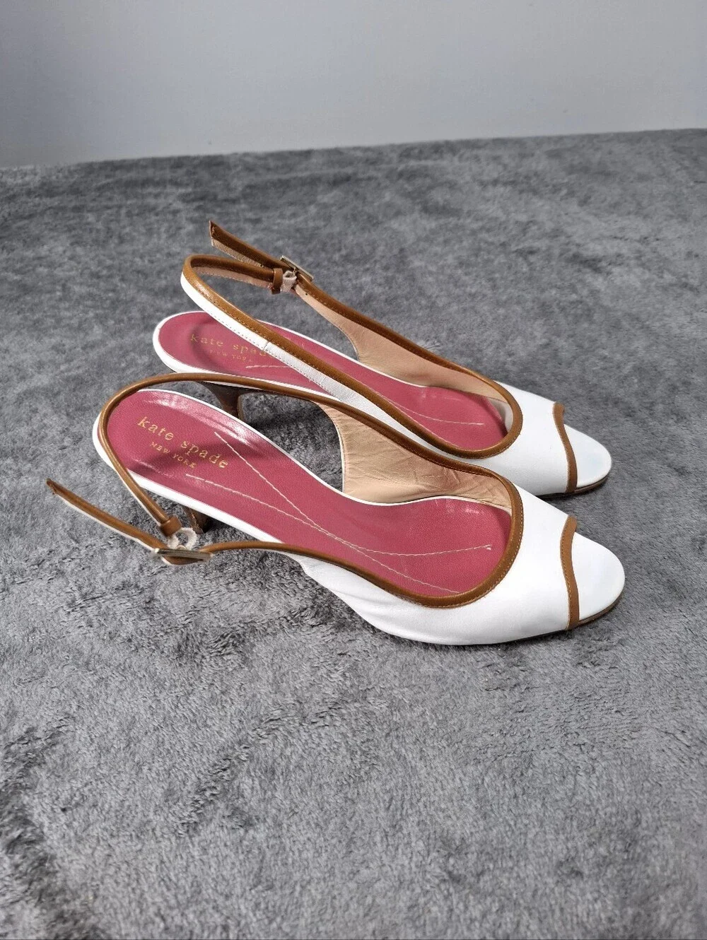 kate spade White Peep-Toe Slingback Heels with Tan Trim and Pink Insole Sz 8.5